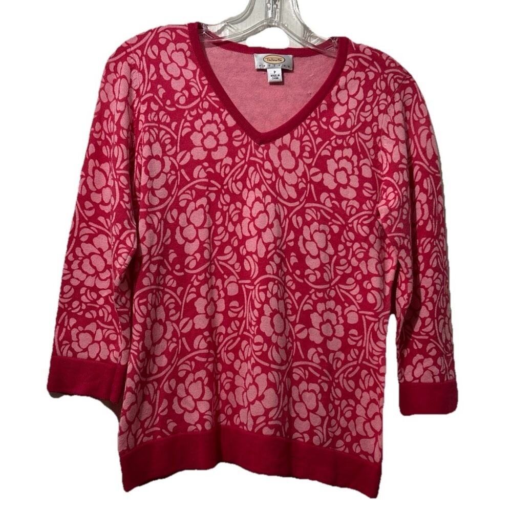 Talbots Petites Pink Floral V-Neck Lightweight Knit Sweater 3/4 Sleeve Size P/XS